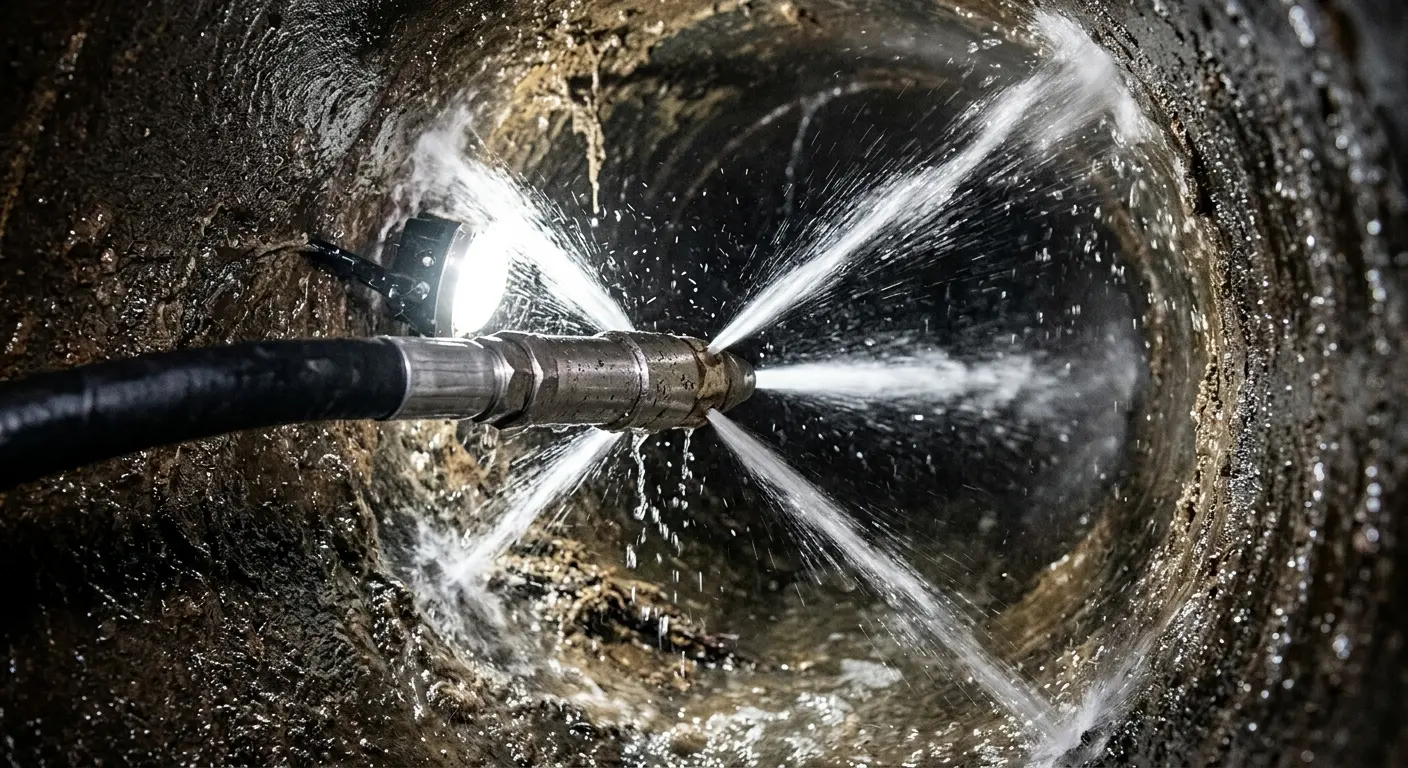 High-pressure hydro jetting nozzle cleaning sewer pipe for Trenchless Sewer Repair in Monahans
