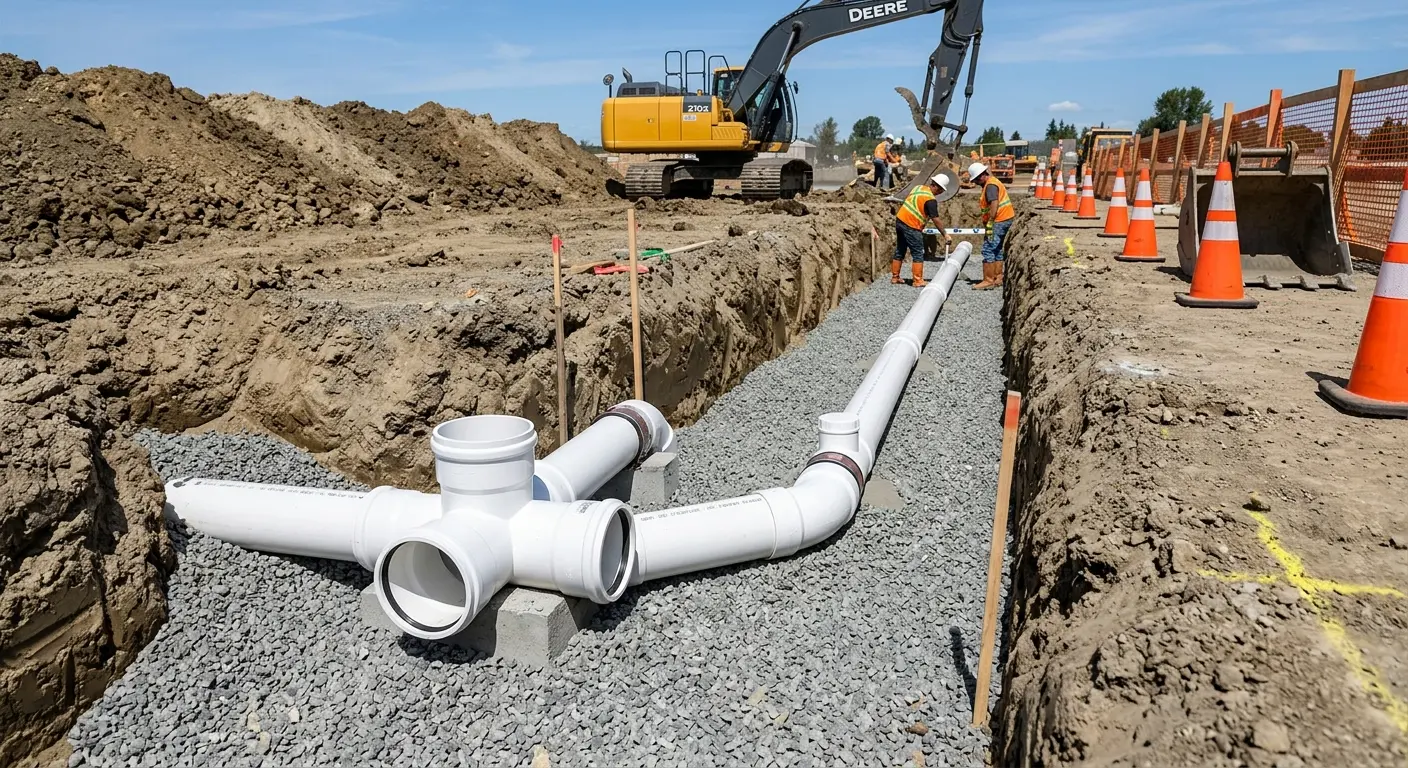 New PVC sewer pipe installation in open trench for Sewer Backup in Monahans