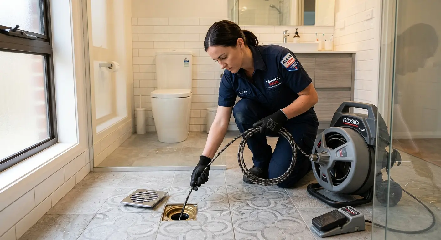 Technician clearing a bathroom floor drain for Sewer Line Replacement in Monahans